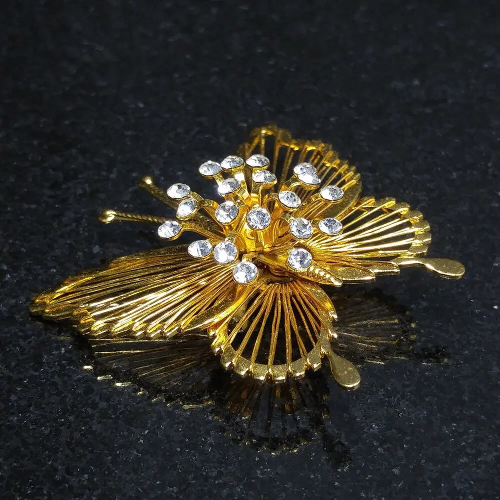 Vintage Monet Gold Tone Wire Butterfly Brooch, Clear Rhinestones Center